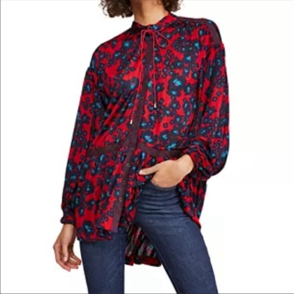 Free People M Red Blue Snap Front Neck Tie Long Sleeve Tunic Dress
